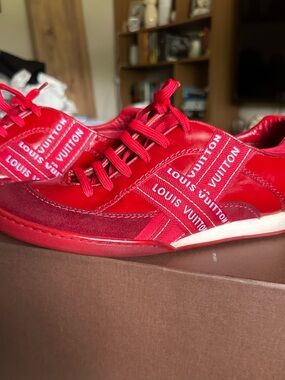 Louis Vuitton Red Patent Leather and Suede Logo Sneakers EU 37 US 6.5